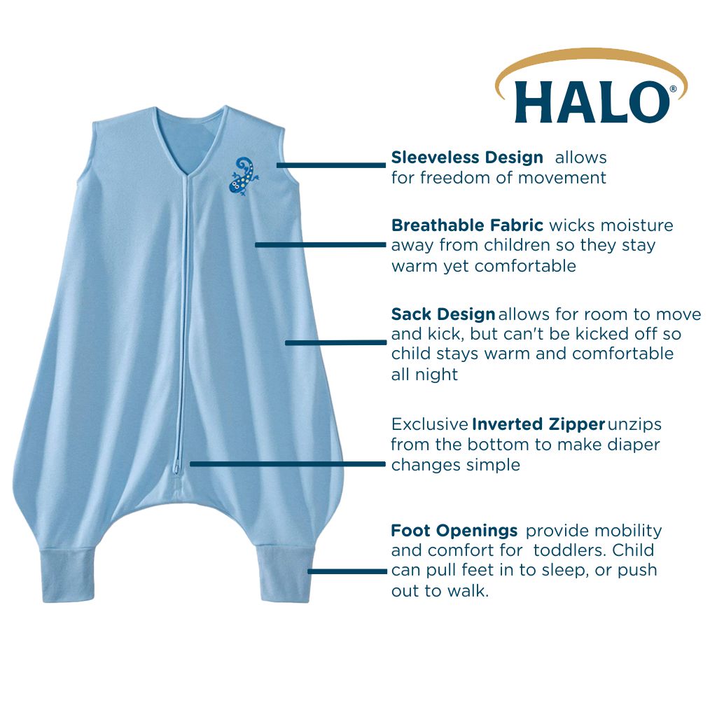 toon nek Trein Halo SleepSack Early Walker – Blue Gecko – Tickled Babies